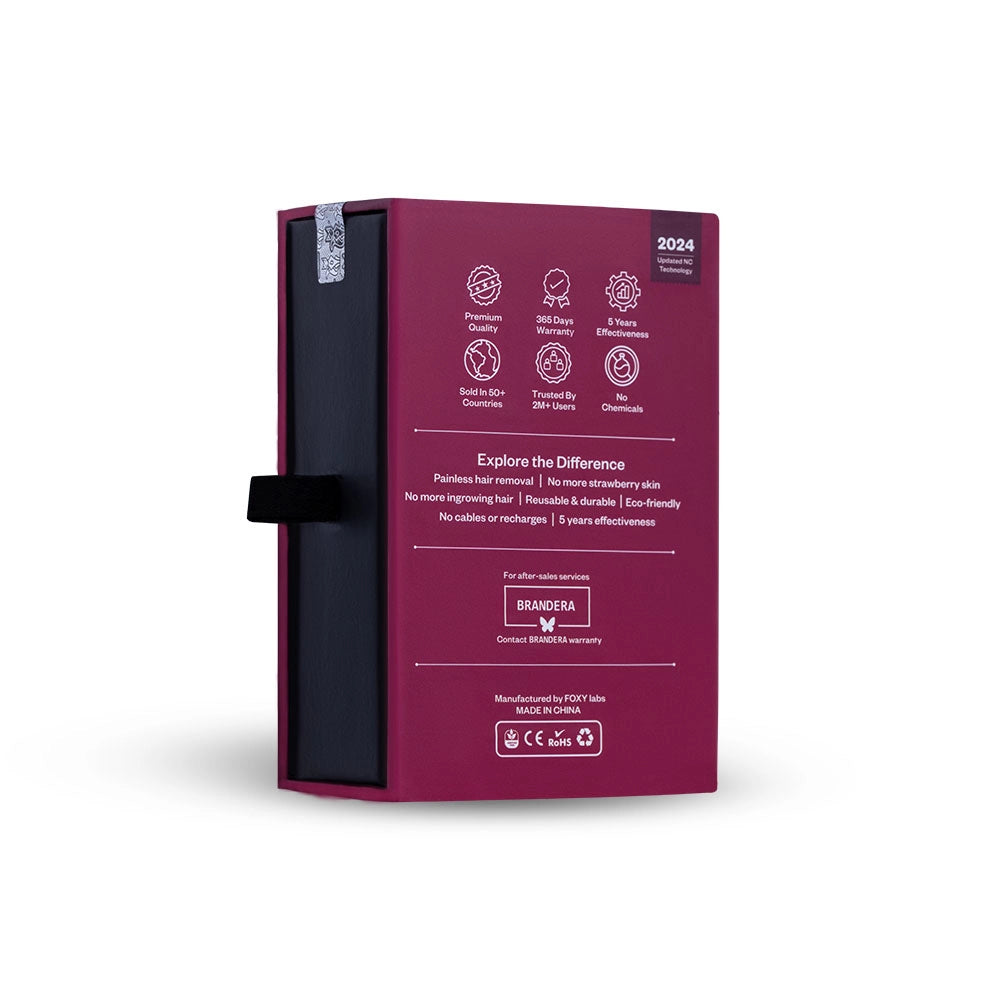 The back of the pink box for FOXY ARMS, with its features, BRANDERA and 2024 patent date.