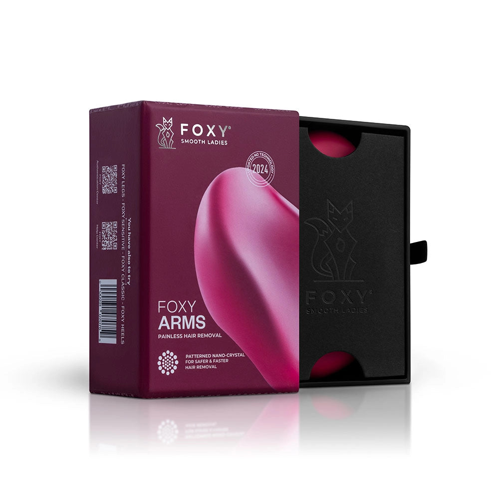 The open Pink box for FOXY ARMS, featuring patterned Nano-crystal technology, and 2024 patent date.