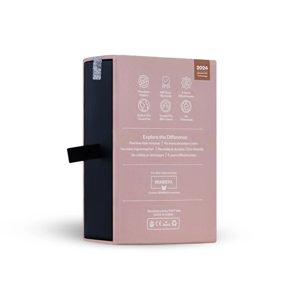 The back of the Gold box for FOXY HEELS, with its features, BRANDERA and 2024 patent date.