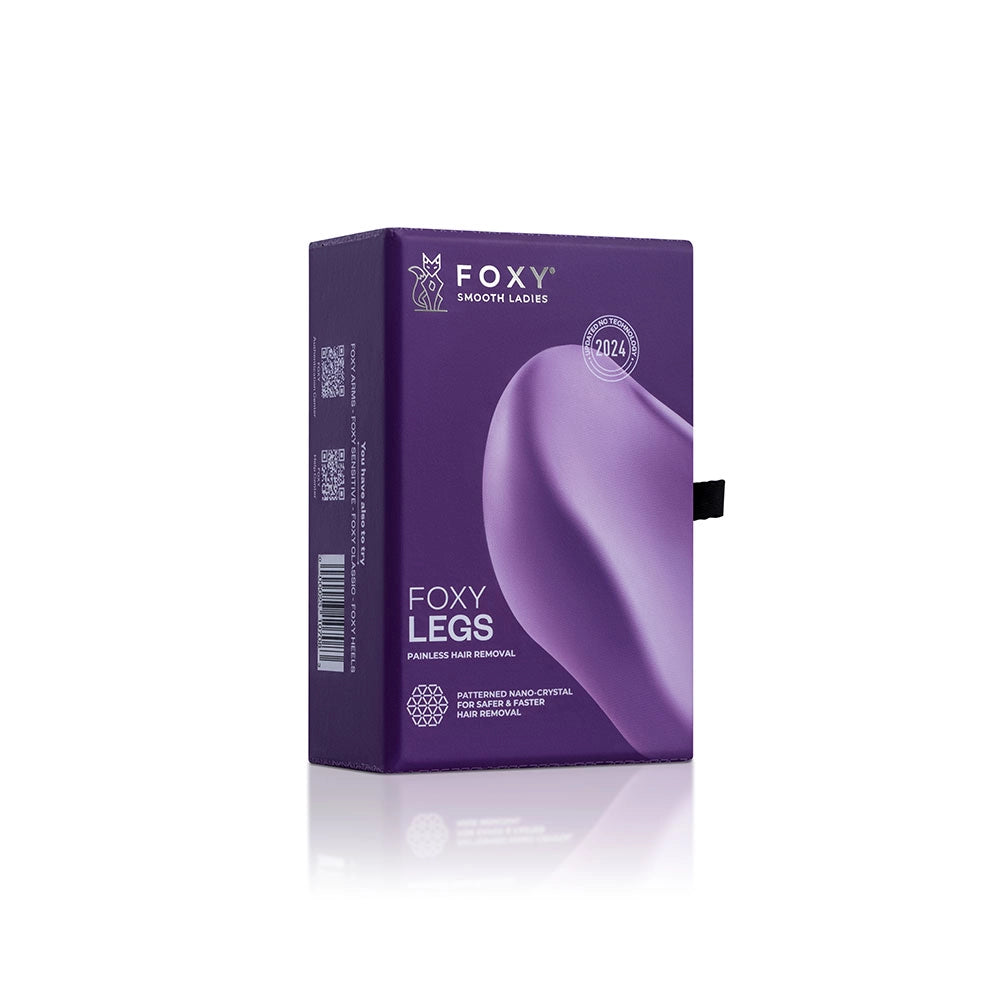 Purple box for FOXY LEGS painless hair removal product, featuring patterned Nano-crystal technology, and 2024 patent date.