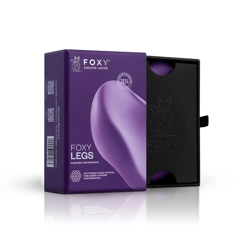 The back of the purple box for FOXY LEGS, with its features, BRANDERA and 2024 patent date.