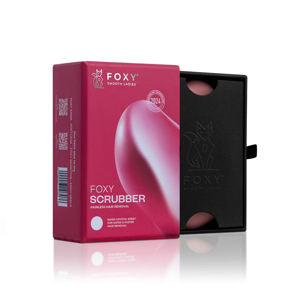 The back of the light pink box for FOXY SCRUBBER, with its features , BRANDERA and 2024 patent date.