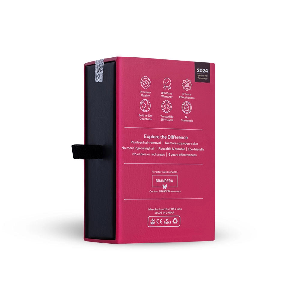 The back of the light pink box for FOXY SCRUBBER, with its features , BRANDERA and 2024 patent date.