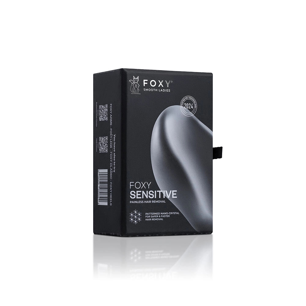 Black box for FOXY SENSITIVE painless hair removal product, featuring patterned Nano-crystal technology, and 2024 patent date.