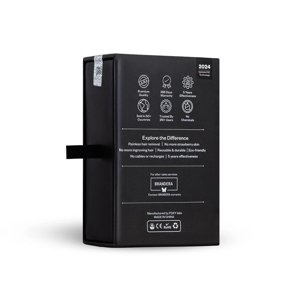 The back of the black box for FOXY SENSITIVE, with its features , BRANDERA and 2024 patent date.