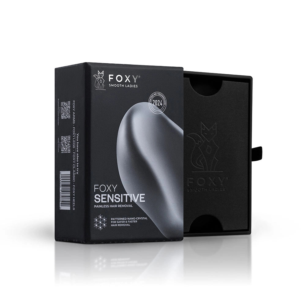 The open black box for FOXY SENSITIVE, featuring patterned Nano-crystal technology, and 2024 patent date.