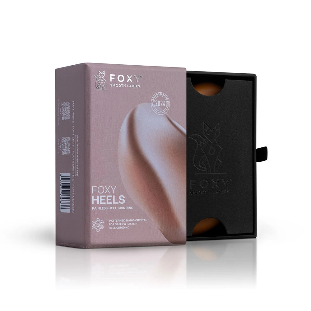 The back of the Gold box for FOXY HEELS with its features, BRANDERA and 2024 patent date.