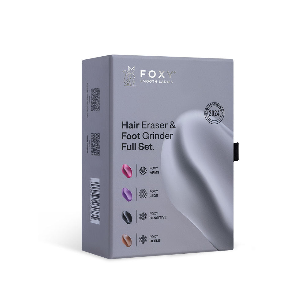 GRAY box for FOXY SCRUBBER painless hair removal product, featuring patterned Nano-crystal technology, and 2024 patent date.